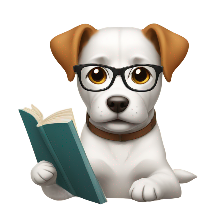 genmoji : Un chien intelligent portant des lunettes de lecture et lisant un livre