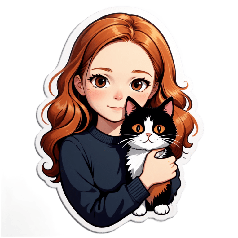 genmoji : Fille aux cheveux ondulés roux pensant tendrement à son beau copain et à son chat noir et blanc adorable.