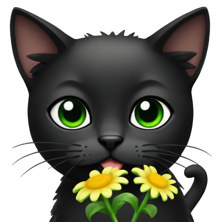 genmoji: cute black cat with green eyes eating flower