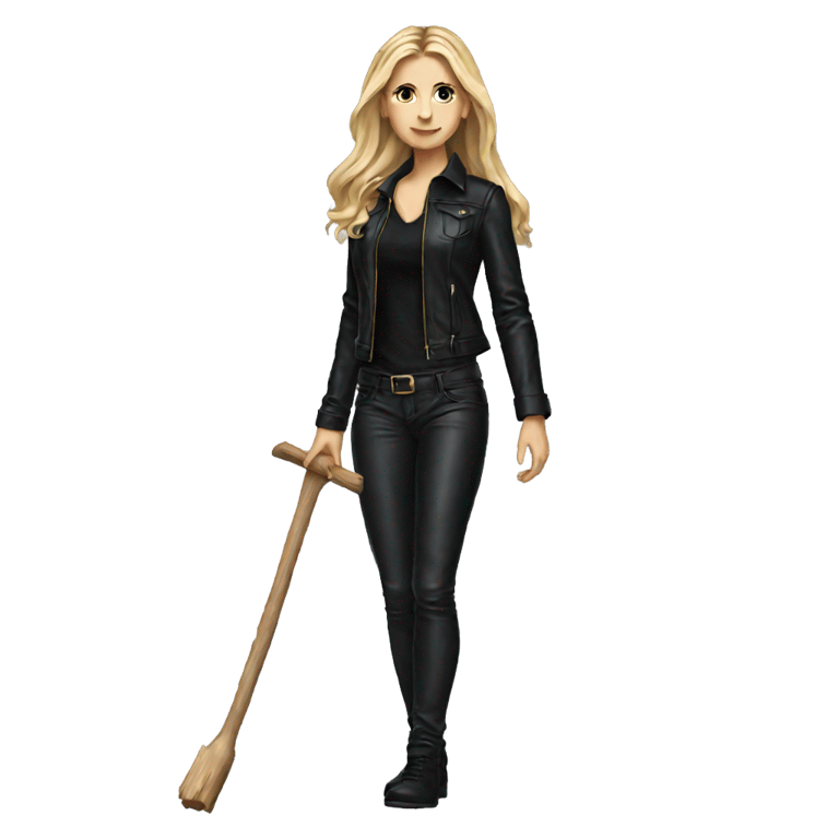 絵文字：Buffy Summers, red leather pants, black jacket, long blonde hair, holding wood stake