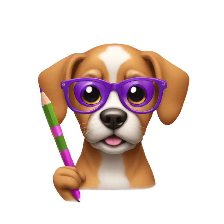 genmoji : Un chien avec des lunettes violettes tenant un crayon