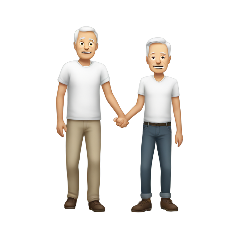genmoji：白 - 老年男子与年轻男子手牵手。拍屁股。