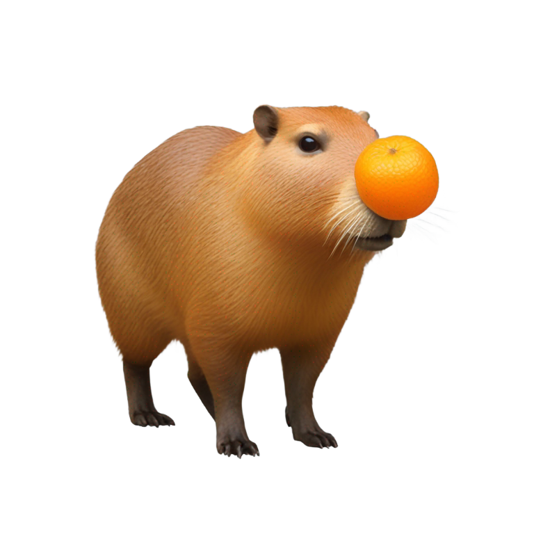 絵文字：Capybara with a single, uncut and unpeeled orange fruit on top of its head, full body shot
