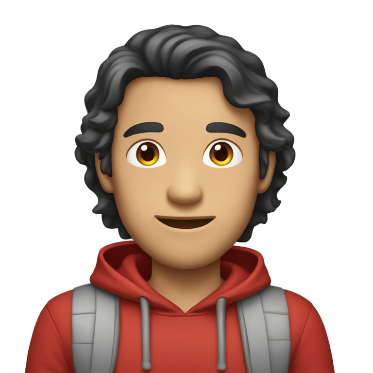 genmoji : a man with dark hair, light gray eyes, smile tooth, wearing a red hoodie