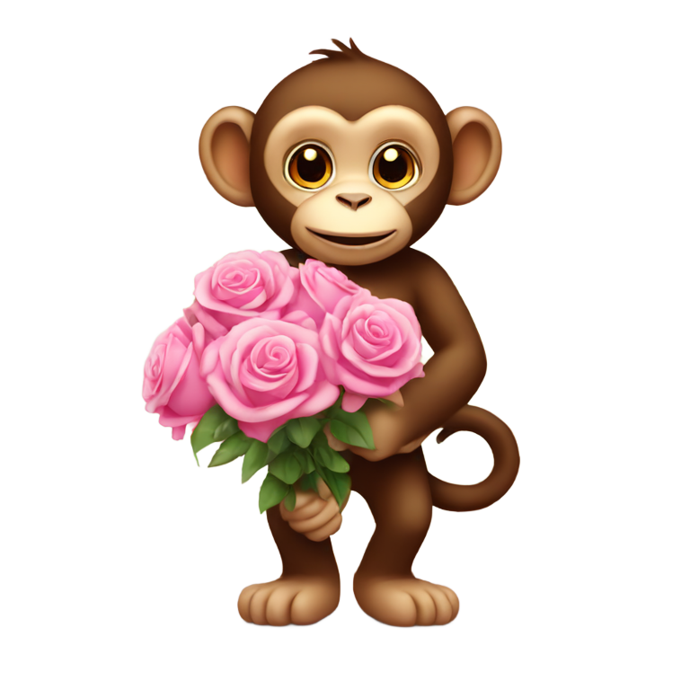 genmoji: Cute Monkey standing holding bouquet of pink roses