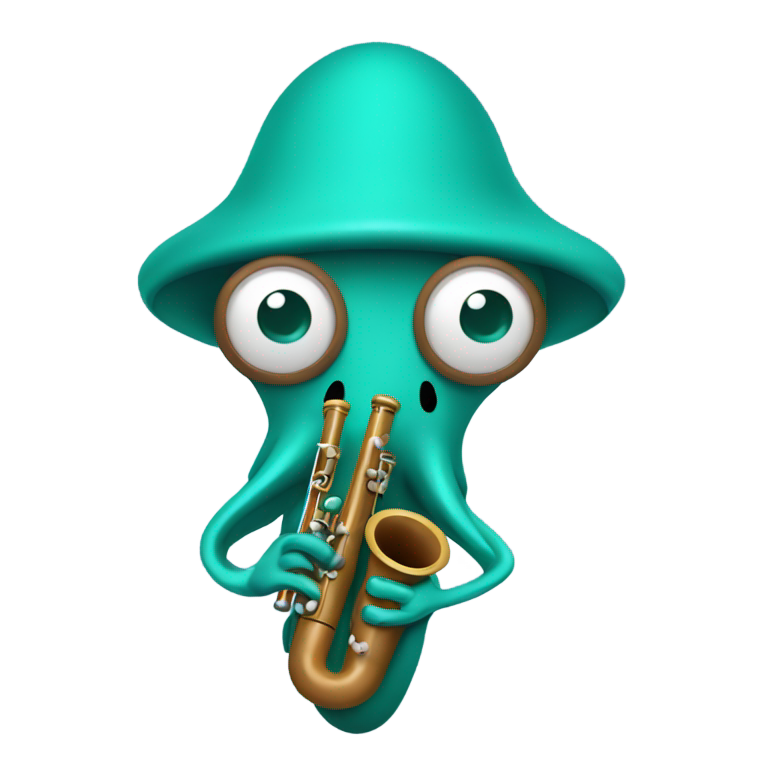 genmoji: teal colored anthropomorphic squid in a brown polo shirt playing the clarinet