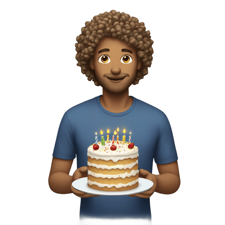 絵文字：白人男性で巻き毛、誕生日ケーキを持っています。