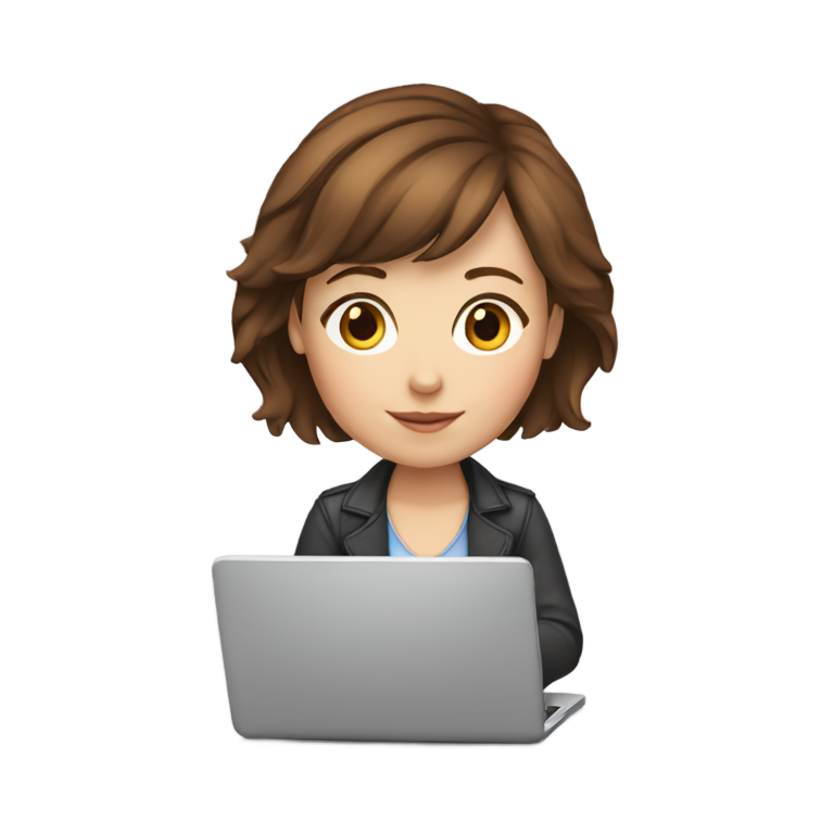 genmoji : Fille blanche aux cheveux courts bruns travaillant sur un ordinateur portable
