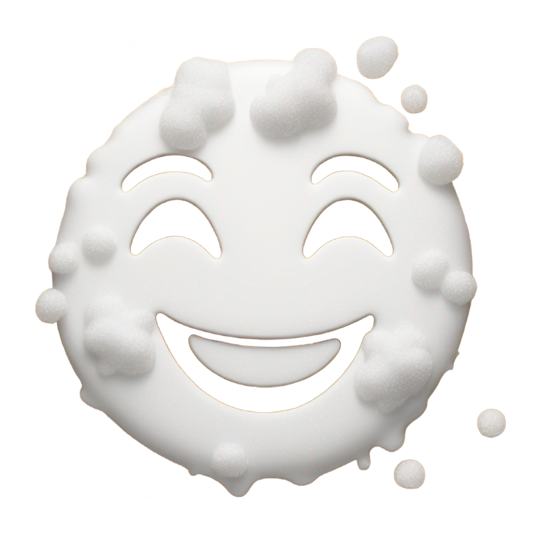 genmoji: smiling emoji covered in melted white sugar on face grinning