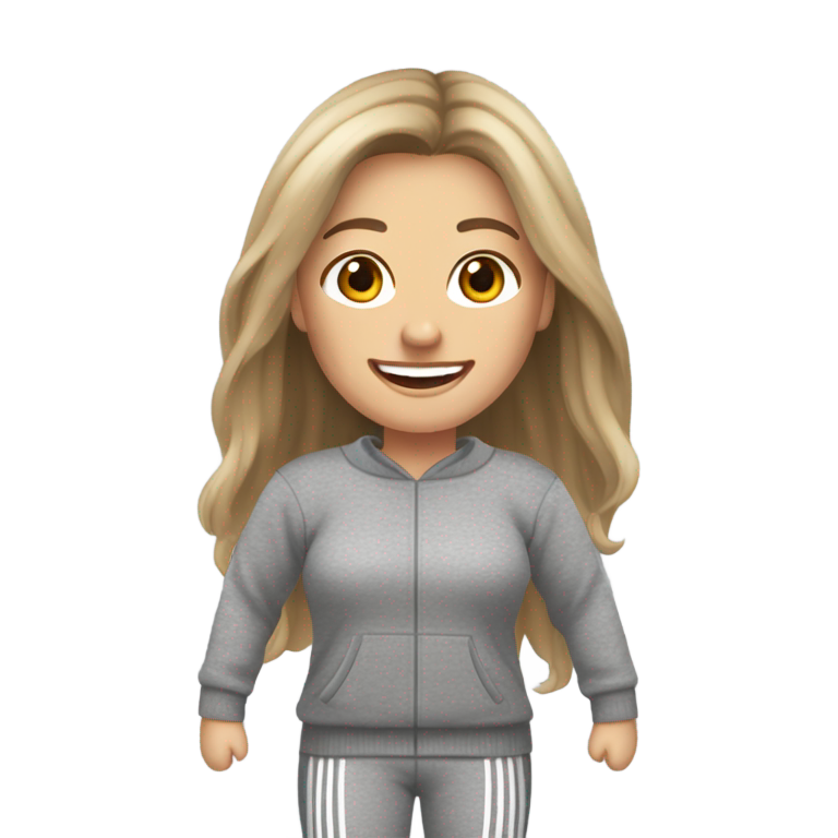 genmoji : Femme aux cheveux blonds foncés et longs, riant. Haut : pull en laine grise tricotée, propre. Jambes : pantalon de jogging Adidas noir et blanc (3 bandes). Chaussures de jogging grises.
