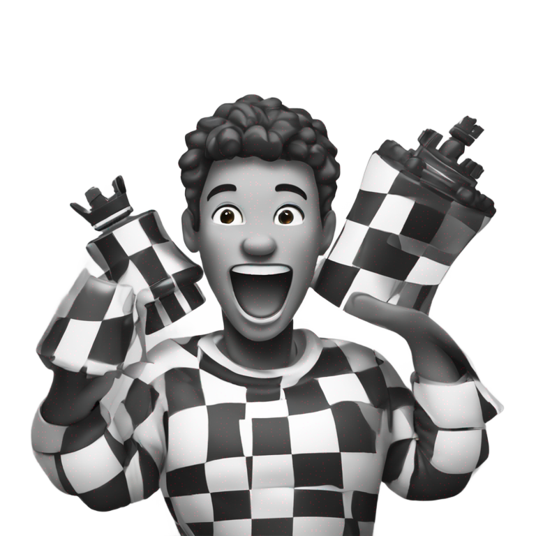 絵文字：Chess master holding 2 chess pieces in the air shouting in triumph and he is 1/4 black and 3/4 white in ethnicity