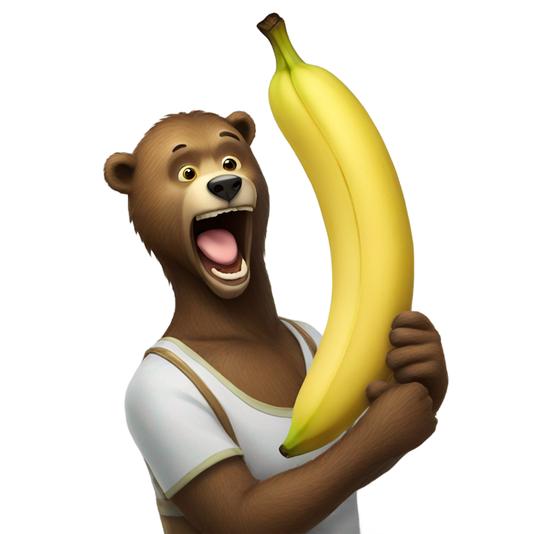 genmoji: half man half grizzly bear enjoying a very long banana