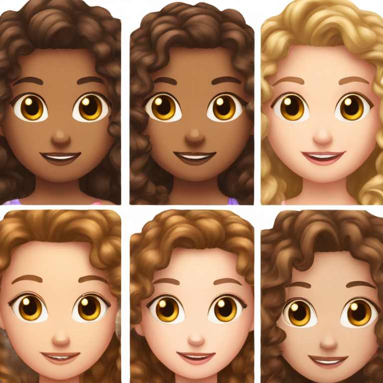 絵文字：長い茶色のカーリーヘアの白人少女3姉妹。1人は可愛い顔、1人はえくぼあり、1人はアジソン・レイ似でとても可愛い。