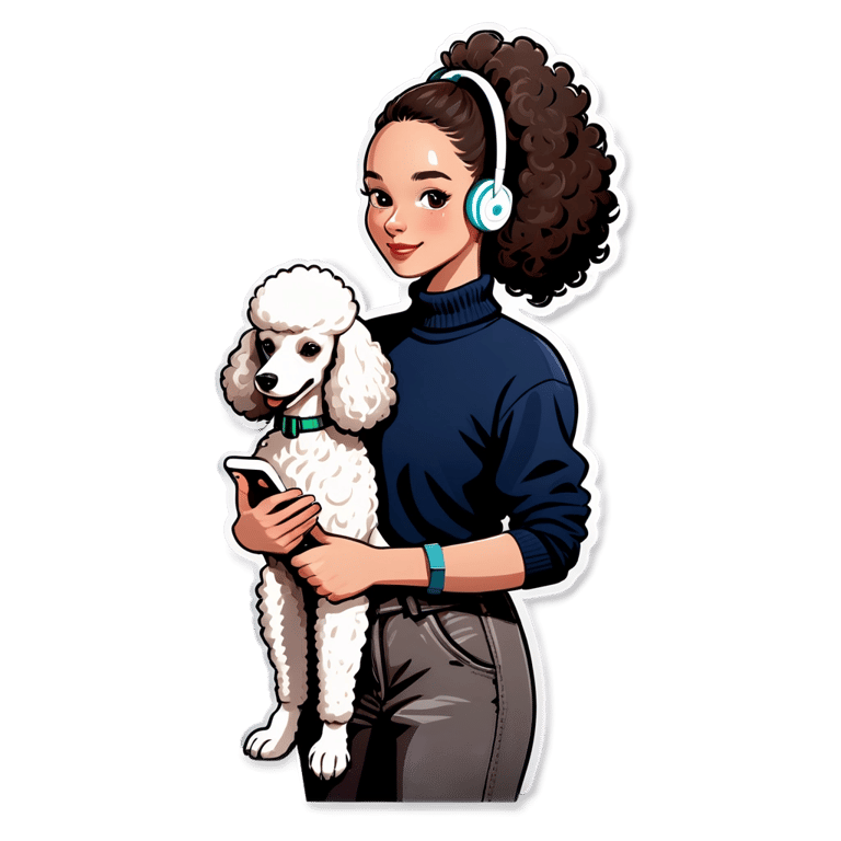 genmoji: poodle next to the girl with iphone 16e and airpods 4 in her ears