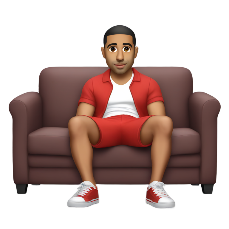 絵文字：ジェイ・ショーンが赤いショートパンツを履いてソファーに座っている