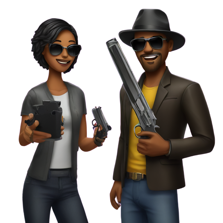 genmoji: Gun shop seller and Mr Smith at disco club