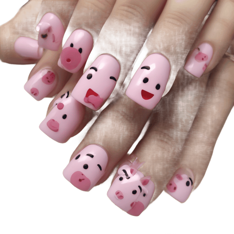 genmoji : Five Peppa pig cartoon acrylic nails