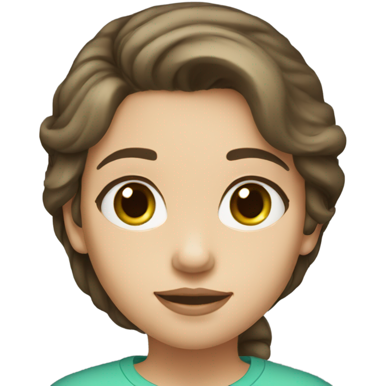 genmoji : Une fille, peau très claire, yeux bleus, cheveux brun foncé, chemise à manches longues vert clair