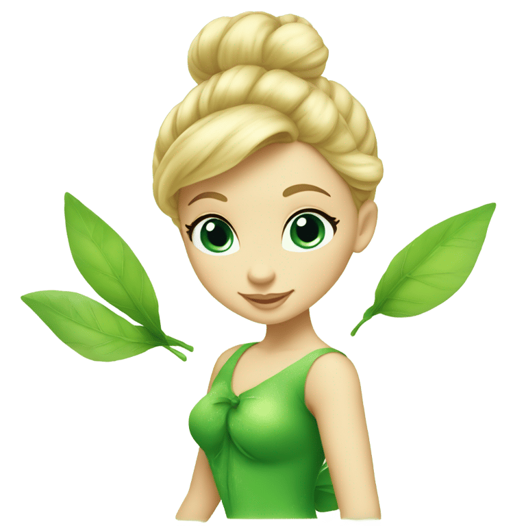 genmoji: Tinker Bell is a short fairy with light skin tone,blue eyes and blonde hair tied up in an elegant bun. She wears a green dress made of leaves. She always has a cotton ball in each of her green shoes