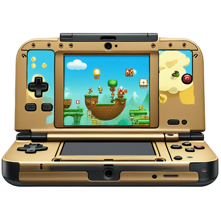 genmoji：任天堂3DS XL，屏幕上运行超级马里奥制造，顶部屏幕左上角的马里奥在飞艇主题中，起点在左侧。