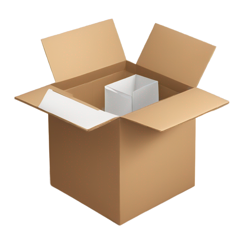 genmoji : Boîte en carton cubique avec rabats ouverts