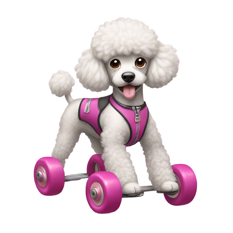 genmoji : Un caniche avec des patins à roulettes sur les quatre pattes