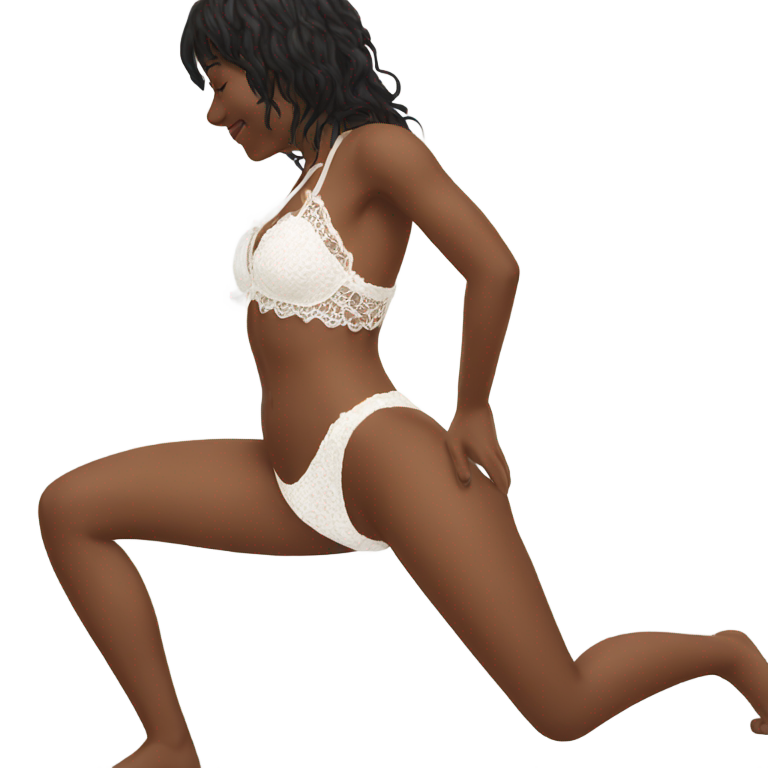 genmoji : Rampant à quatre pattes en mangeant, maillot de bain en dentelle blanche fine, vue de côté