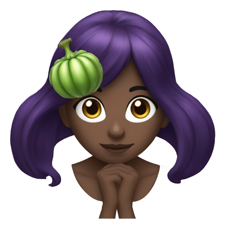 genmoji : Fille aux cheveux noirs suçant une aubergine