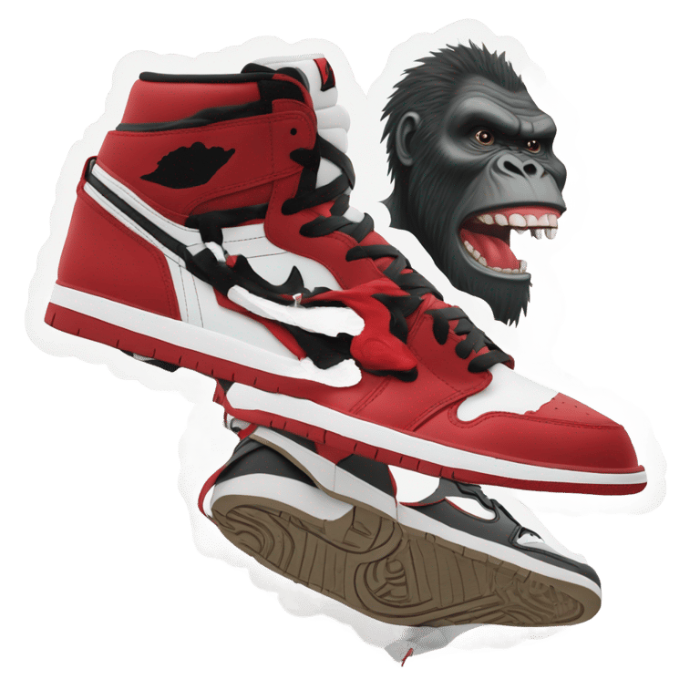 genmoji : King Kong portant des chaussures "Jordan 1 Retro High OG rouge, noir et blanc"