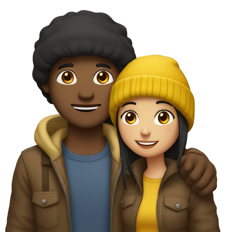 genmoji : Fille noire aux cheveux noirs raides avec une frange, embrassant un homme à la peau blanche aux cheveux bruns mi-longs portant un bonnet jaune.