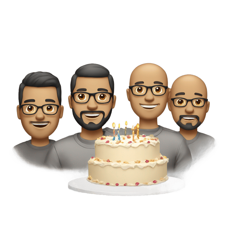 genmoji：三个人，皮肤白皙，围着蛋糕庆祝生日。其中一个光头，戴着眼镜，耳机和麦克风。另一个有胡子，黑发，戴眼镜。第三个光头，戴着帽子。