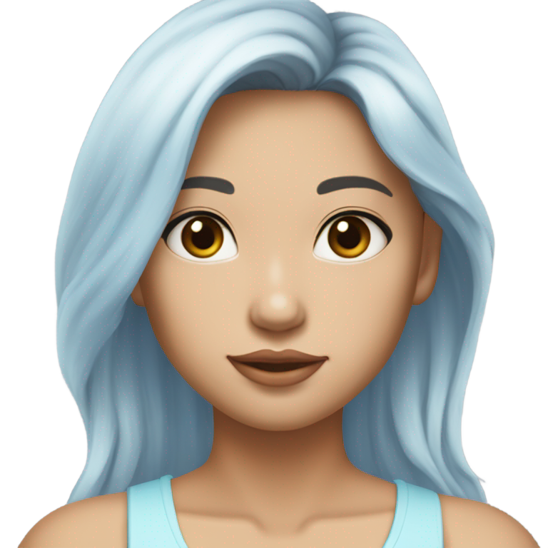 genmoji : Une jeune femme taïwanaise pleine de vie, mince, avec une peau très bronzée et des cheveux épais et cascadants teints en blanc comme neige, portant un mini débardeur bleu très clair.