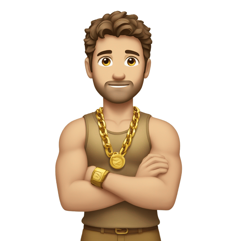 genmoji：棕发强壮白人男性，无胡须，金色衬衫，金链子，金腕带，交叉双臂