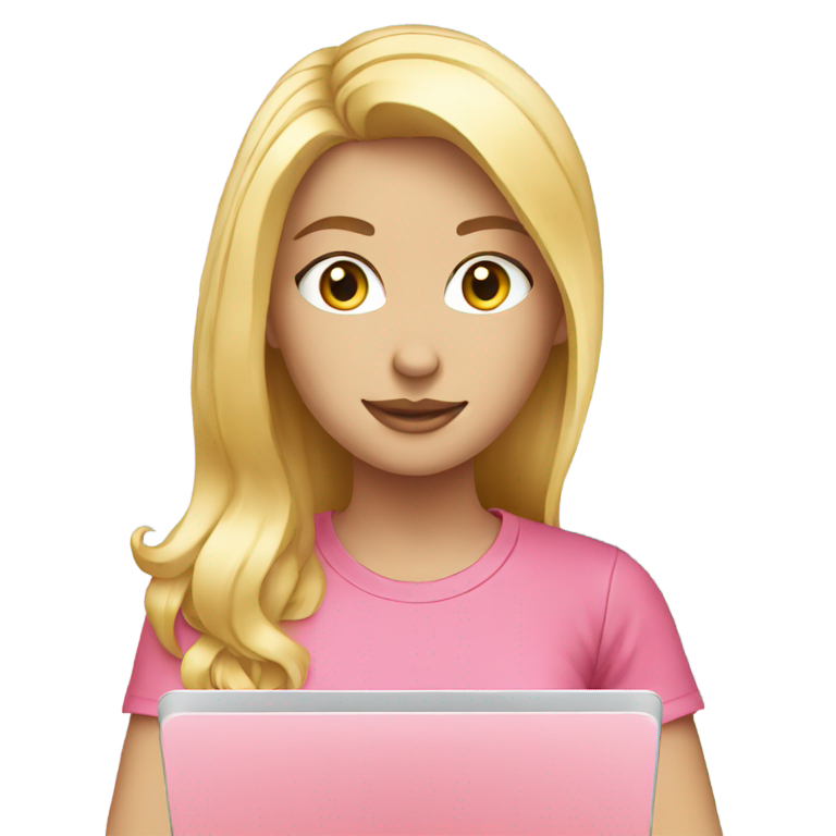 絵文字：blonde white girl pink t-shirt with the laptop working