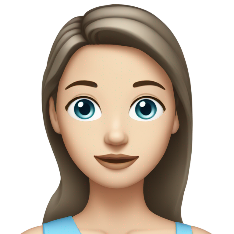 genmoji : Femme à la peau très claire, cheveux bruns dépassant les épaules, yeux bleu clair.
