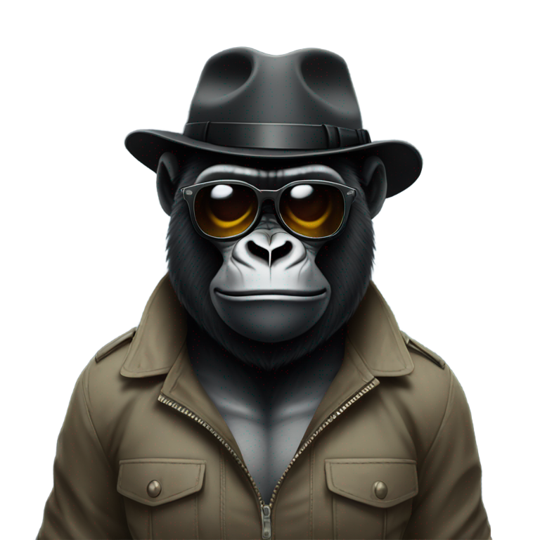 genmoji：Gorilla in a dark agent hat and dark agent glasses with black