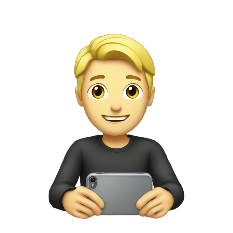 genmoji : Jeune homme blond avec un iPhone devant un tableau noir