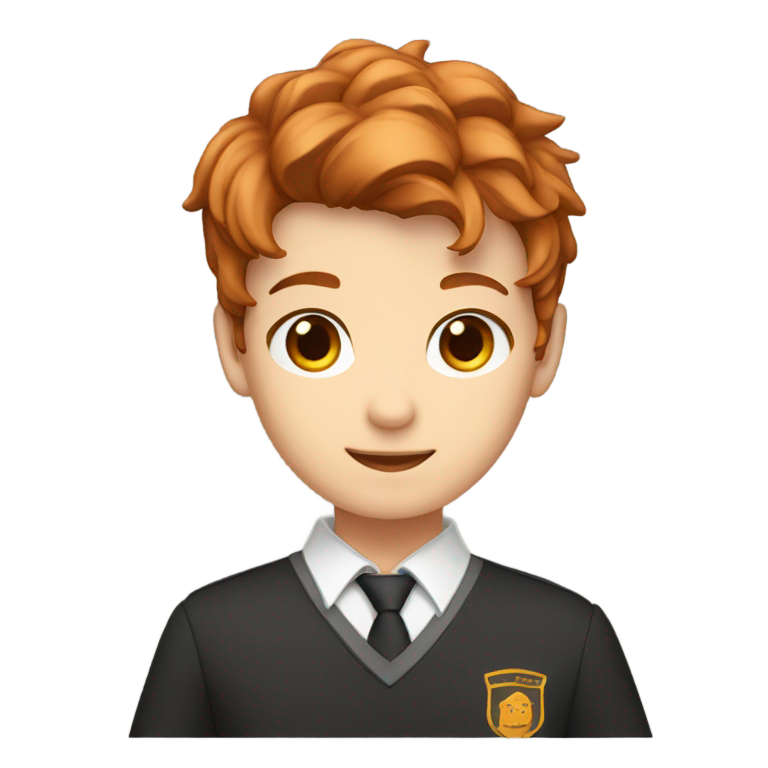 genmoji : Garçon aux cheveux bruns avec des mèches rousses et brunes, yeux marron, mâchoire carrée, en uniforme scolaire.