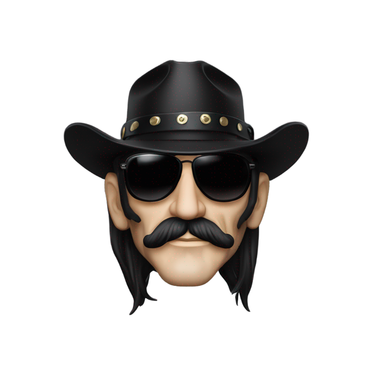 genmoji : Lemmy Kilmister avec lunettes Ray-Ban noires et chapeau haut de forme taille basse