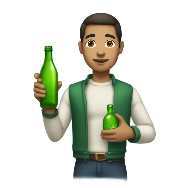 genmoji: Lightskin man holding green bottle with text on it saying „Lech”