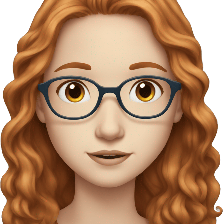 絵文字：A pretty girl with pale skin, long wavy auburn hair, blue eyes, and glasses