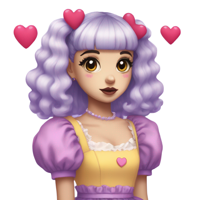 genmoji: Melanie Martinez with one side if her hair dyed blond and the o the side dyed black wearing a purple dress and translucent yellow puff sleeves on the dress there is a pink heart that says K-12
