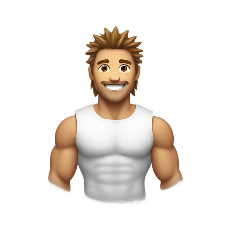 genmoji: muscular man with spikey brown mullet and kind smile