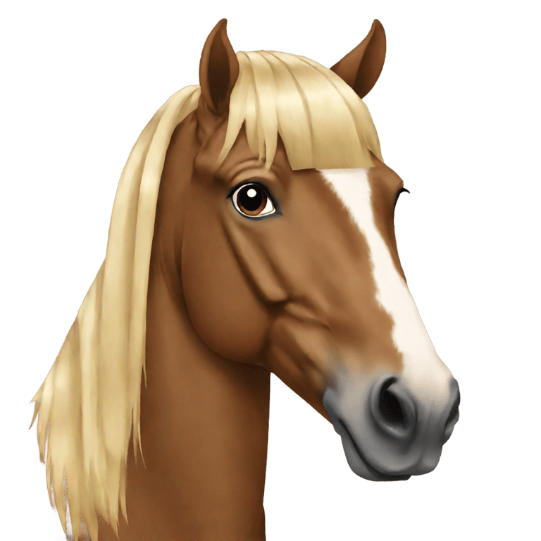 genmoji : Cheval brun de face avec frange blonde coupée droit