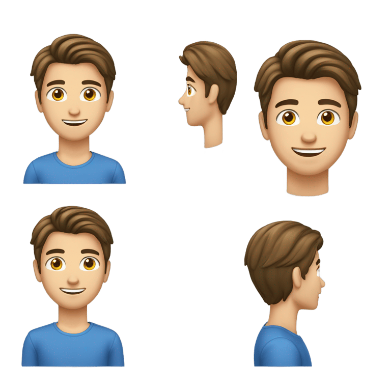 genmoji：15岁白人少年，深棕色中长发前至眉毛，中分长发型，蓝色毛衣，棕色眼睛，露齿微笑。半身特写，视角从下往上，头部略微转向一侧。