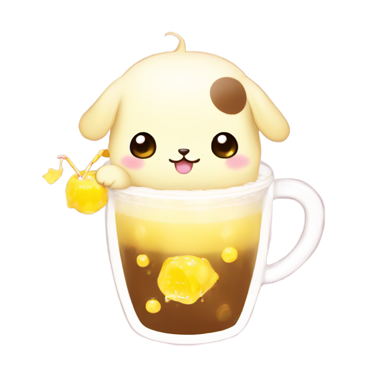 genmoji：蓬蓬熊Q版可爱喝珍珠奶茶