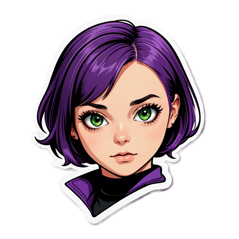 genmoji : Une adolescente aux cheveux courts violets, aux yeux verts et avec du eyeliner noir.