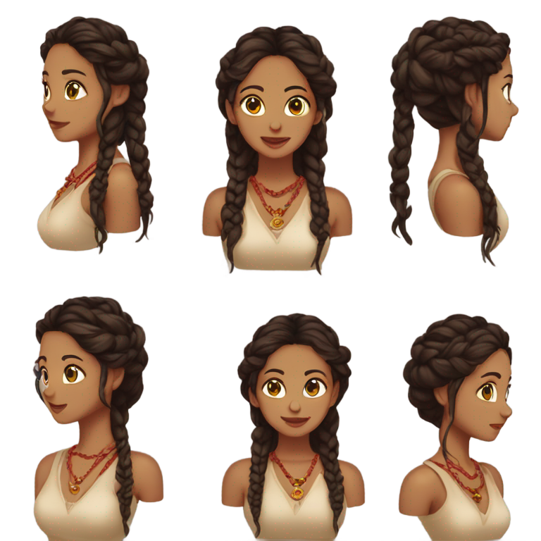 genmoji : Tresse serrée avec raie au milieu, 3 boucles d'oreilles, yeux verts, peau olive plus foncée, collier autour du cou, haut beige à col V, ongles longs rouge foncé.