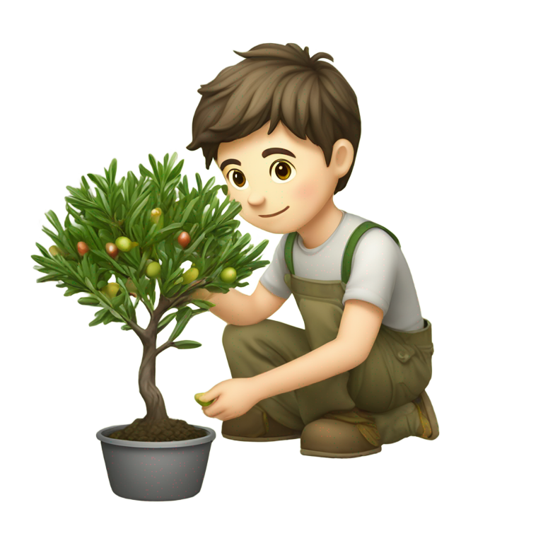 genmoji：一个年轻人以真正的阿尔伯塔方式照料他的小室内橄榄树