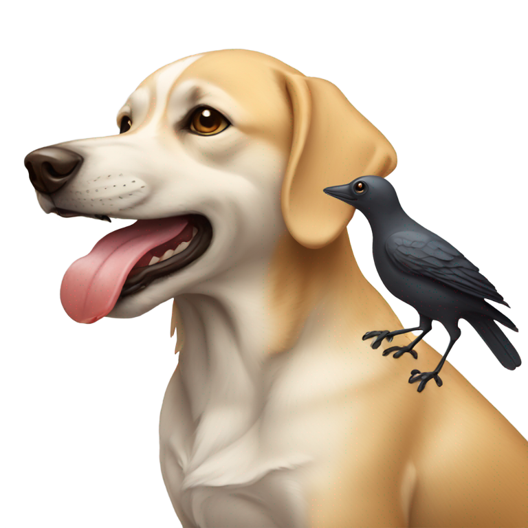 genmoji : Chien tenant un oiseau mort dans sa gueule en remuant la queue